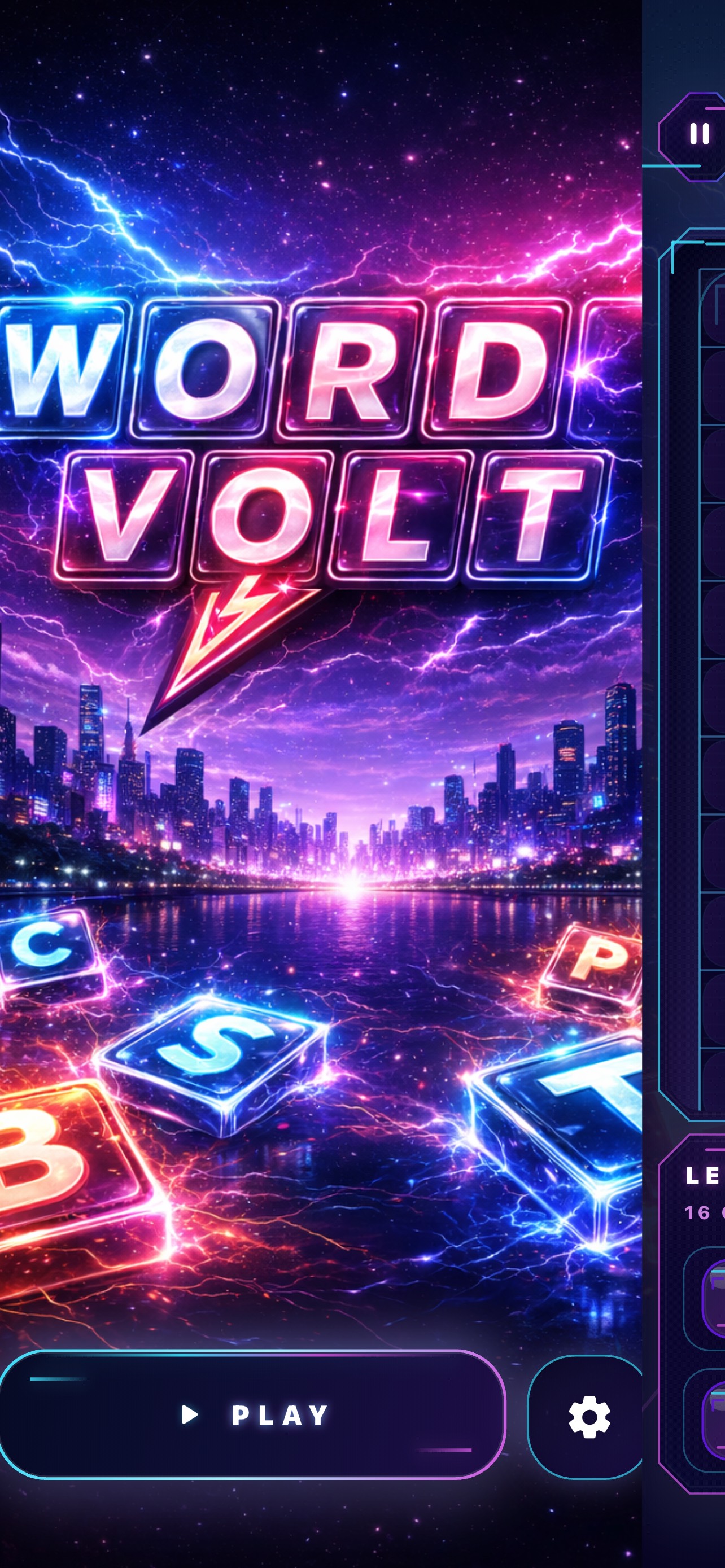 WordVolt active puzzle board with tiles ready to place