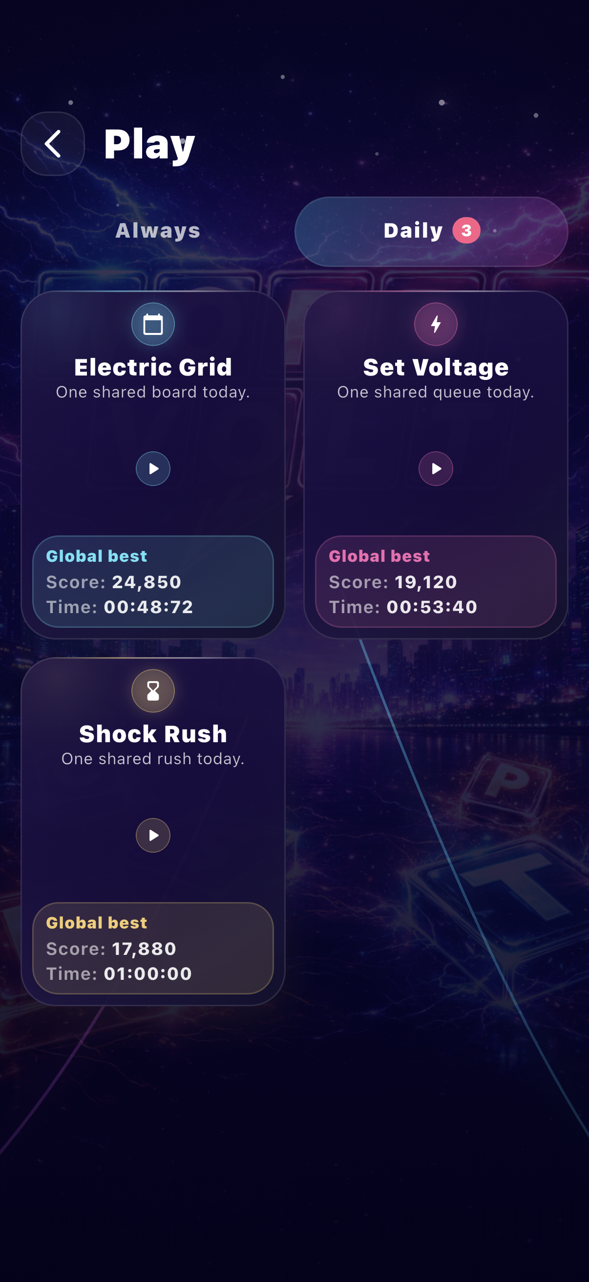 WordVolt daily lineup screen showing three shared daily boards