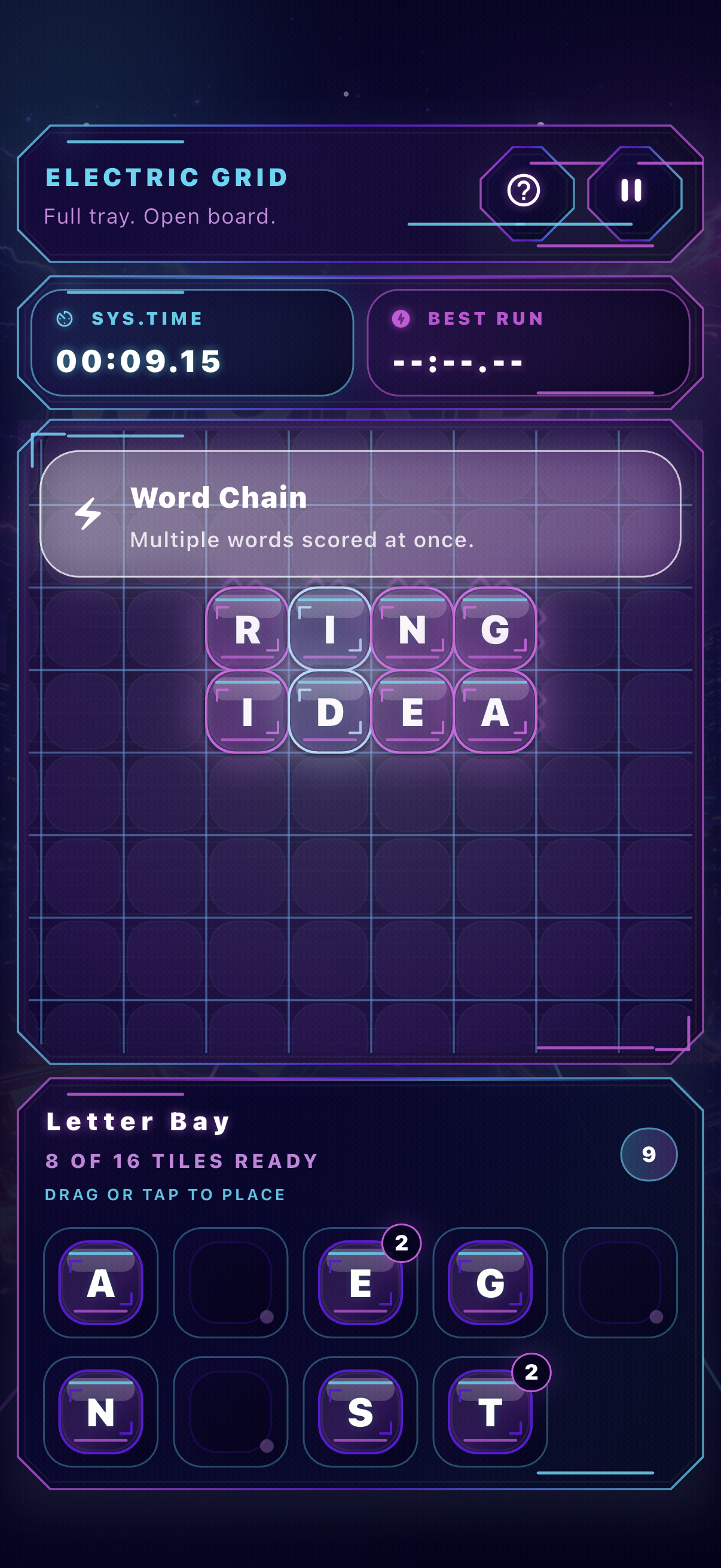 WordVolt gameplay screen with an active word-grid board