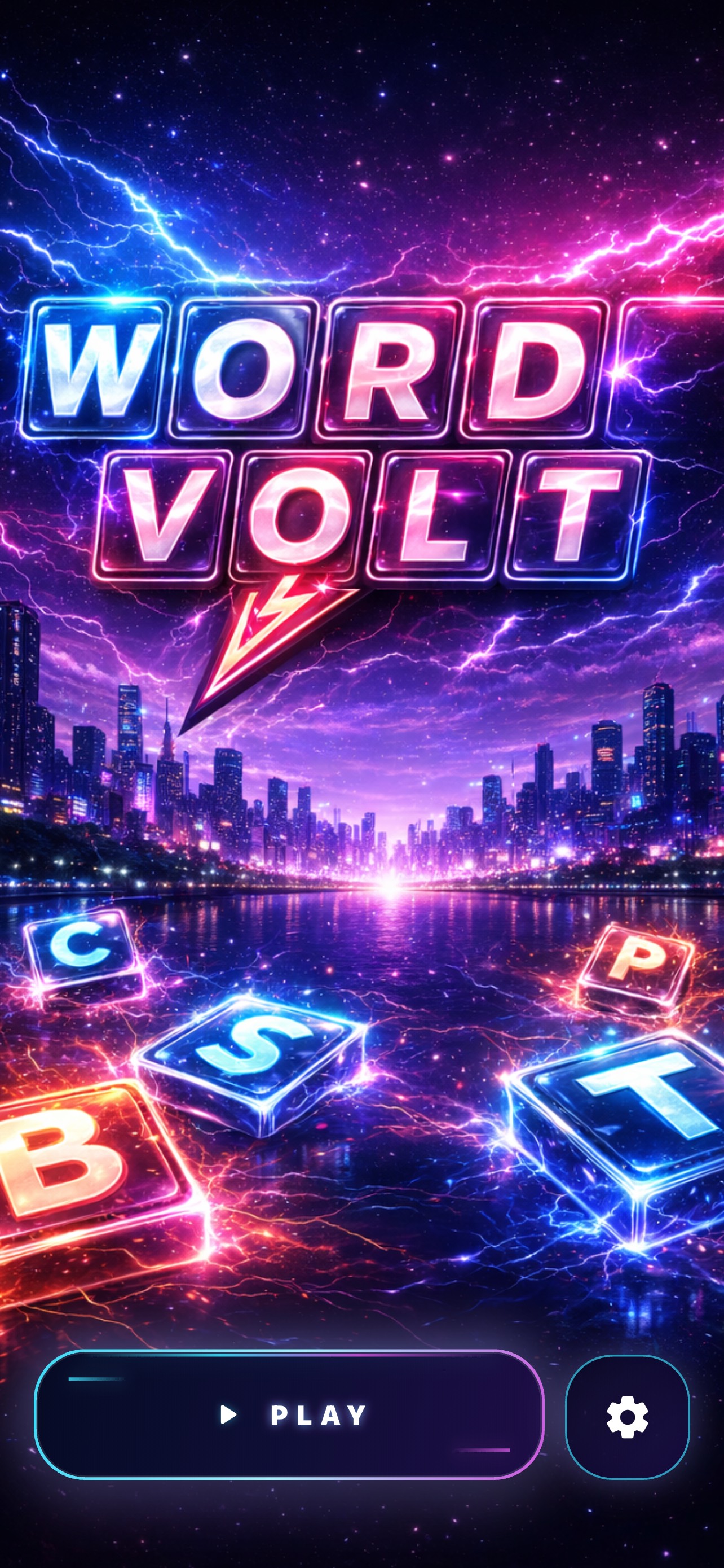 WordVolt home screen with play, settings, and leaderboard actions